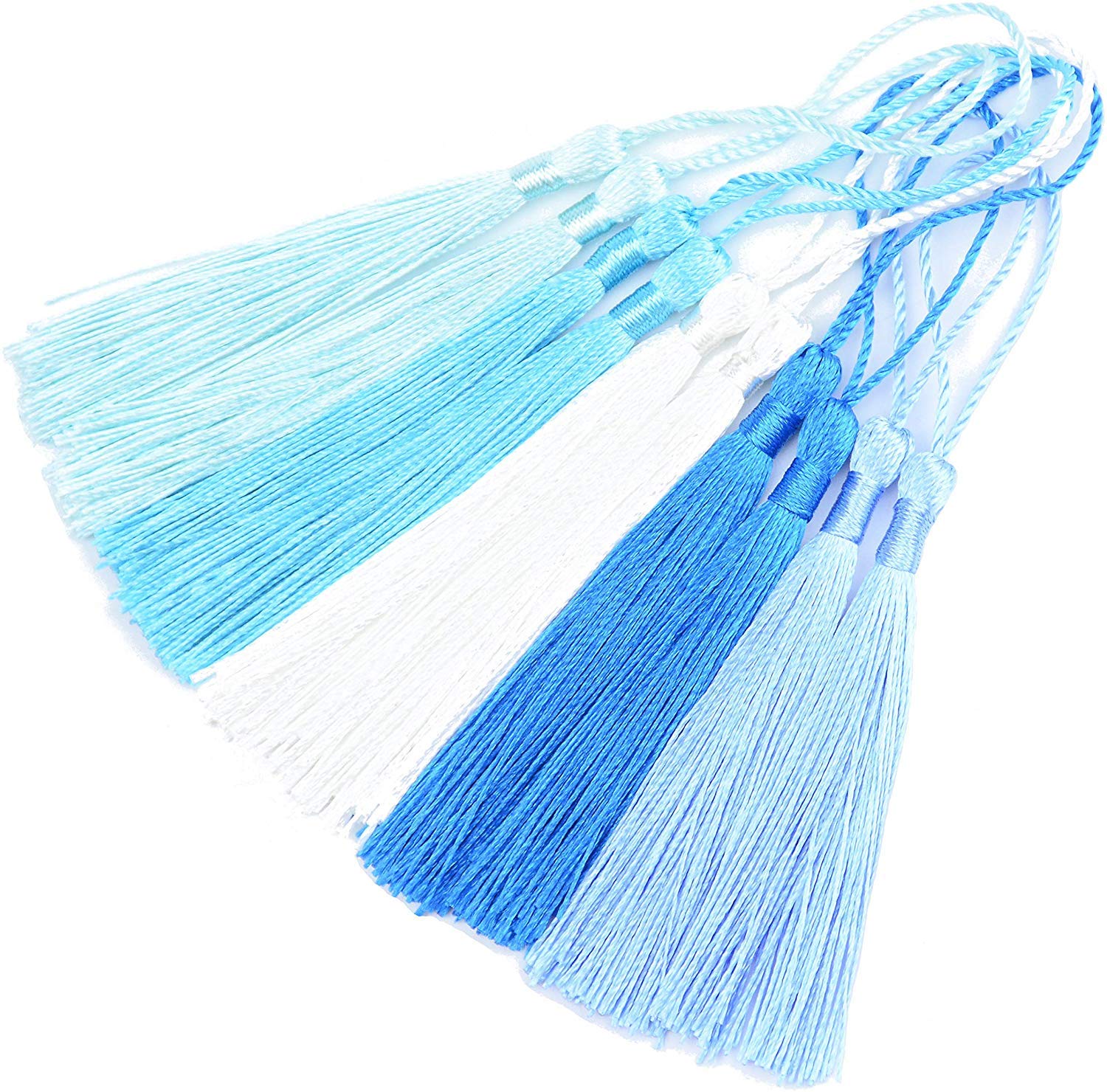 Makhry 100pcs 13cm/5 Inch Silky Floss bookmark Tassels with 2-Inch Cord Loop and Small Chinese Knot for Jewelry Making, Souvenir, Bookmarks, DIY Craft Accessory (Mixed Blue) — image 1