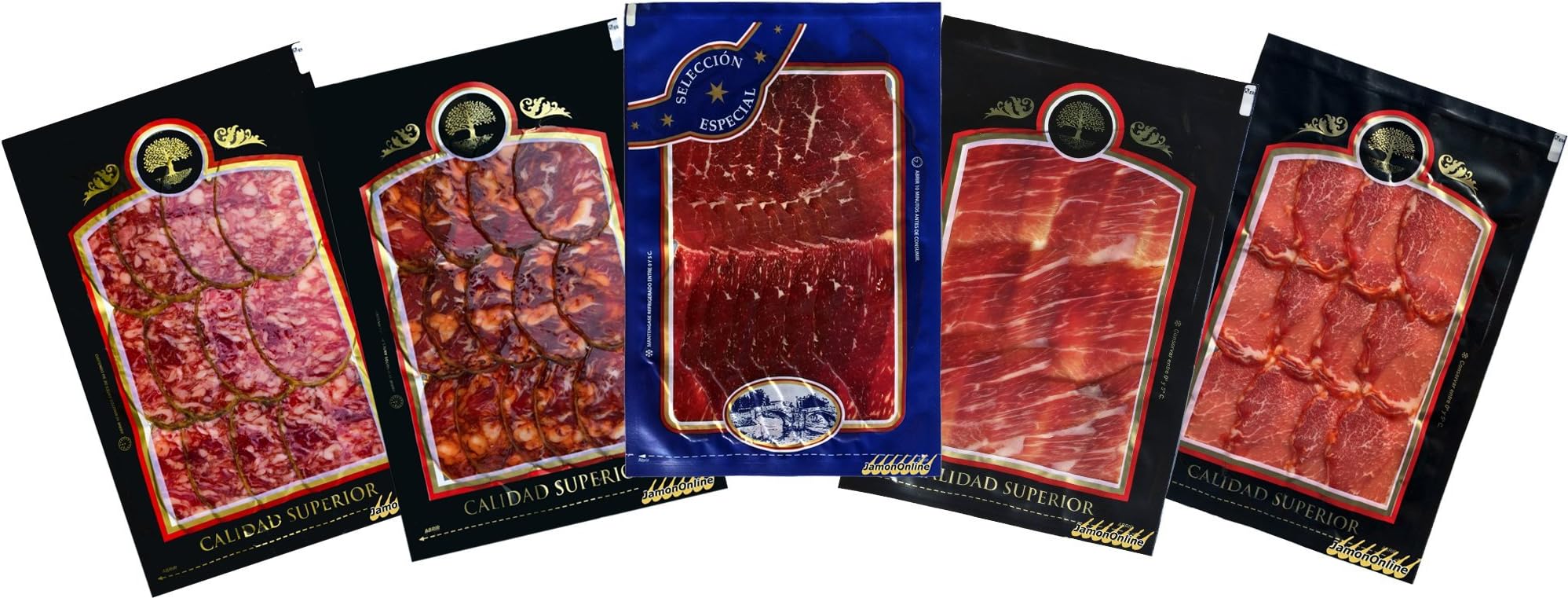 Lot Tasting Spanish Food: Cured Iberian Ham, Loin Acorn, Cecina de León, Acorn Sausage, Acorn Salami. (100 g Each).