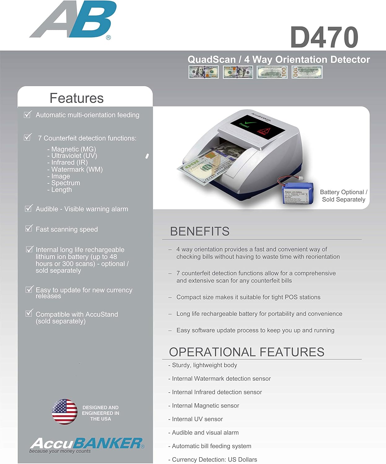 AccuBANKER D470 Quadscan 4-Way Orientation Counterfeit Detector with UV, MG, IR, WM, Image, Length, Spectrum Counterfeit Detection Methods - Optional Battery for Portable Use (No Battery) : Office Products