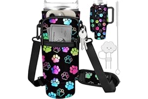 Toykee Water Bottle Holder Carrier Bag For Stanley 40 OZ Tumbler With Strap Phone Pocket, Black Wrap Around Drink Cup Purse Pouch With Straw Cover Cleaner Brush Accessories Paw Print