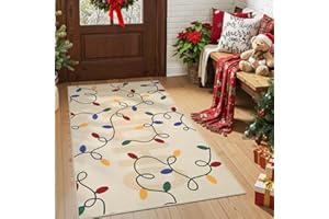 jinchan Jingle Lights Christmas Rug 3x5 for Entryway Kitchen Beige Holiday Rug for Bedroom Colored String Lights Printed Xmas Decor for Living Room Bathroom Washable Non Slip Decorative Floor Carpet