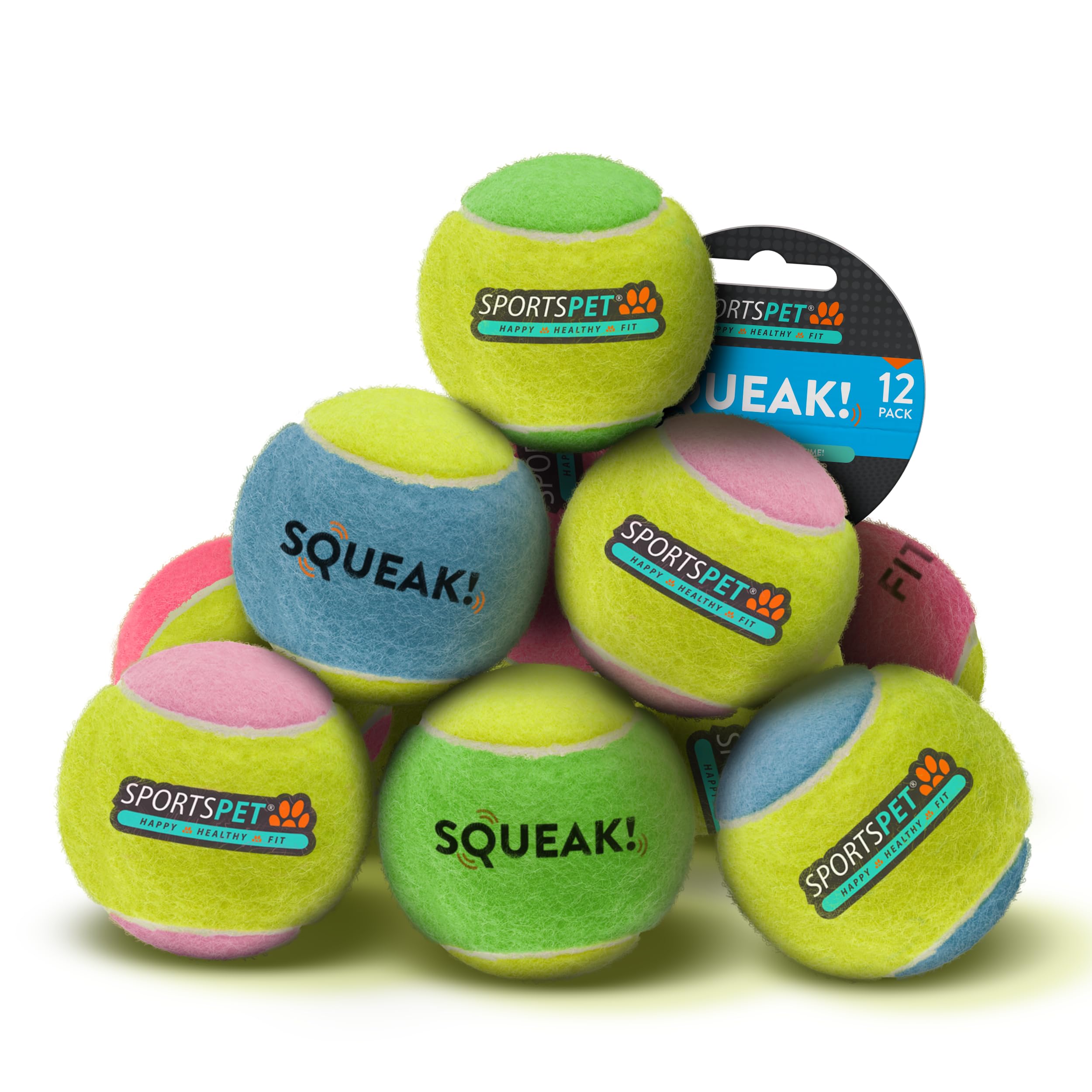 SPORTSPET Squeak Tennis Balls for Dogs - Extra Bouncy - Non Toxic - Durable - Long Lasting - Floats - Squeak Tennis Balls Pack of 12 (64mm)