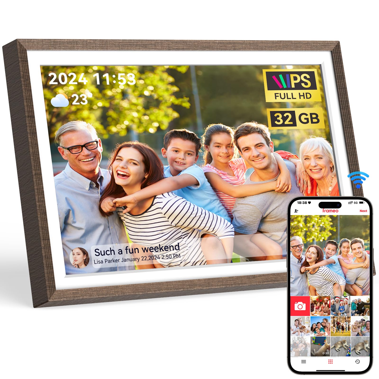 Photo 1 of Frameo Wood 10.1 inch Digital Picture Frame, Smart WiFi Digital Photo Frame with 32G Memory, HD Touch Screen, Auto-Rotate, Slideshow, Easy Setup, Share Photos and Videos Anywhere(Brown Wood)