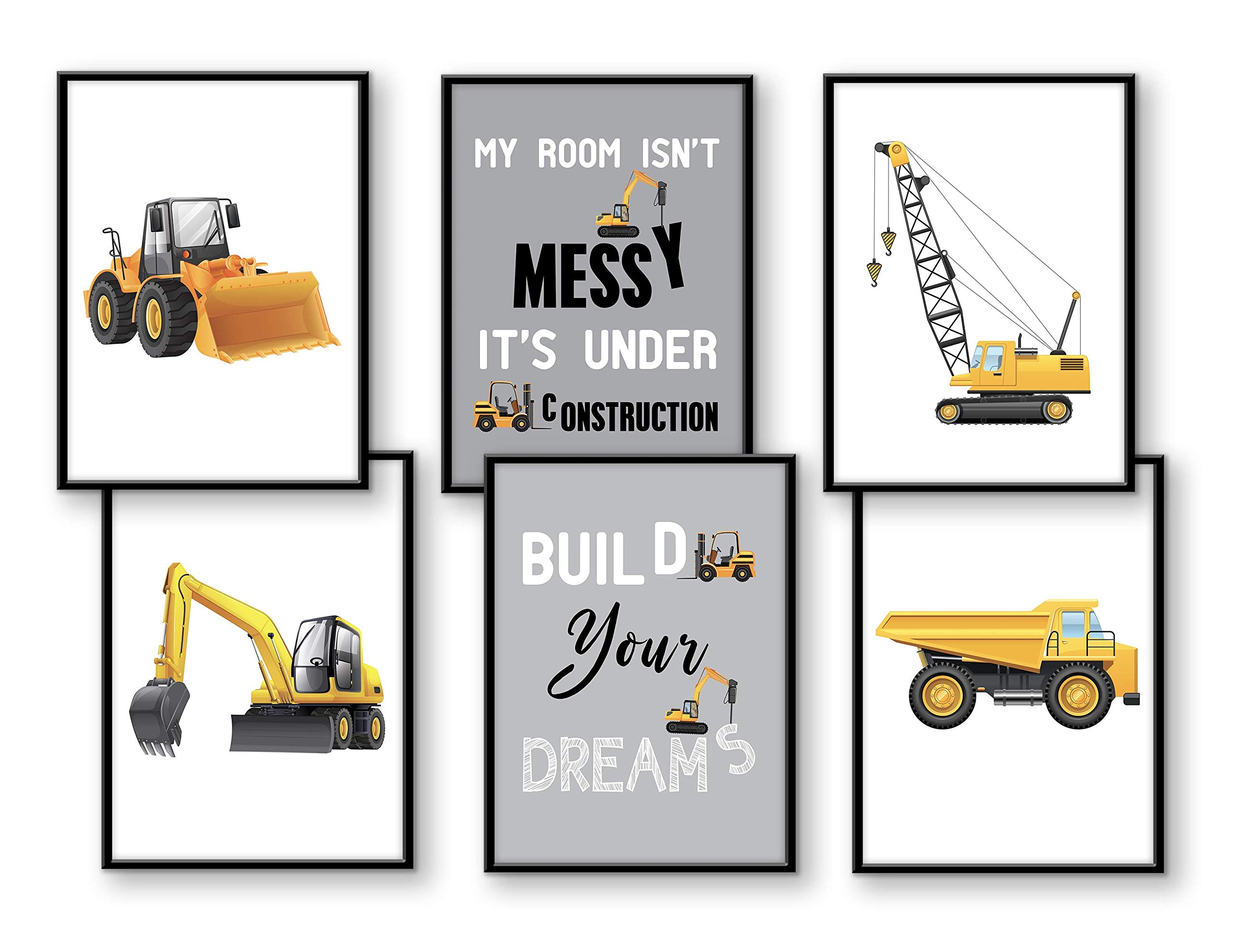 Set of 6 pictures construction vehicles excavator crane children's room decoration picture boy baby room poster DIN A4 truck construction site forklift roller car vehicle decoration