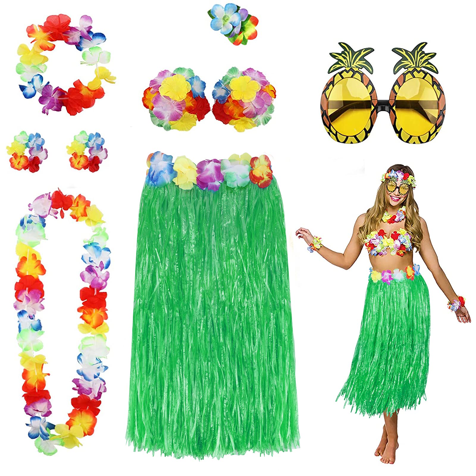 PHOGARY 8 Pack Hula Skirt Costume Accessory Kit for Hawaii Luau Party - Dancing Hula with Flower Bikini Top, Hawaiian Lei, Hibiscus Hair Clip, Pineapple Sunglasses for Women (Green)