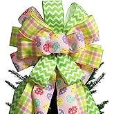 Large Easter Tree Topper Bow 52x13 Inch, Pre-Tied Wired Egg Ribbon Wreath Bows, Easter Ornaments with Long Wired Edge Streamer for Holiday Indoor Outdoor Party Decoration (Green Yellow Pink)