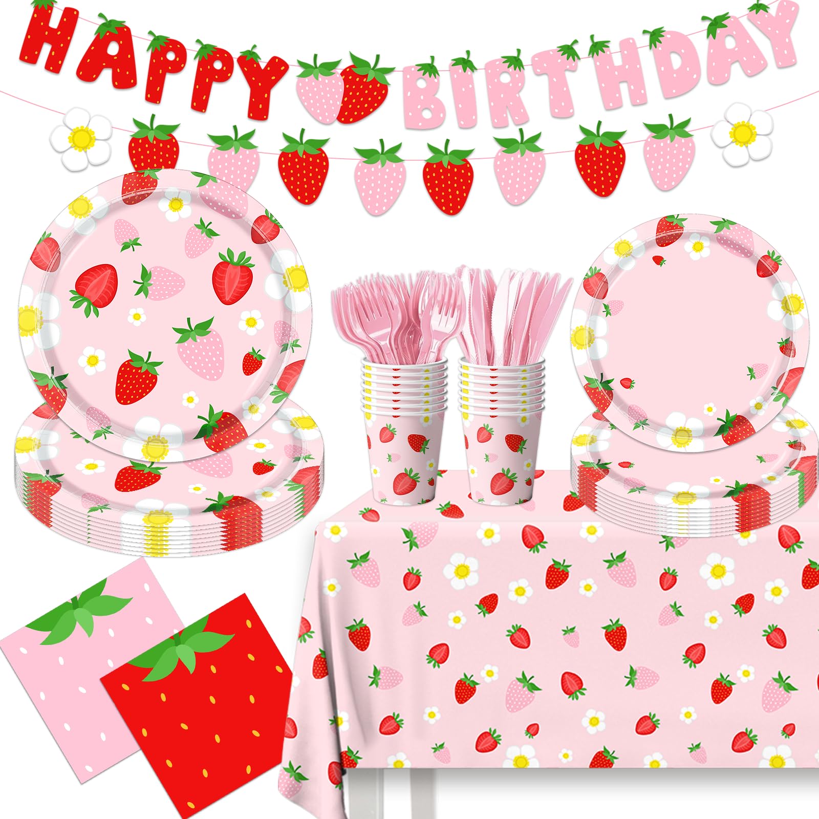 Photo 1 of Strawberry Party Supplies Strawberry Theme Birthday Party Tableware Set Summer Fruit Themed Party Decorations for Berry Sweet Birthday Baby Shower Fruit 1st Party Decorations Serve 20