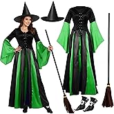 Liitrsh Women Witch Costume Set Sorceress Classic Dress with Witch Hat, Broom,shoe Covers Halloween Dress up
