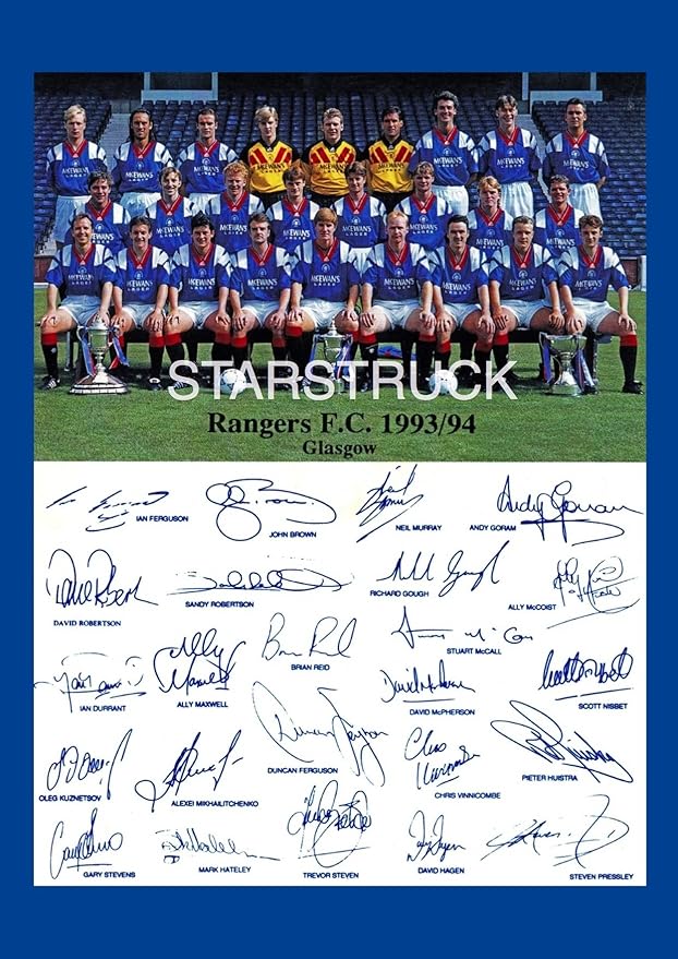 Glasgow Rangers FC 199394 Full Team Signed (PrePrinted) Exclusive A4
