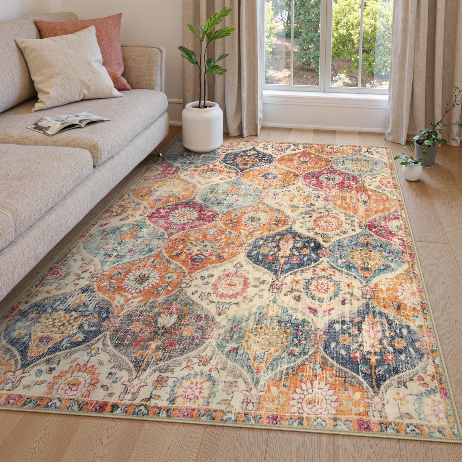 Lahome Moroccan Machine Washable Rugs for Living Room, 4x6 Rug for Bedroom Non-Slip Vintage Trellis Ultra-Thin Throw Carpet for Dining Room Office Nursery, Cream/Multi Image Lahome Moroccan Machine Washable Rugs for Living Room, 4x6 Rug for Bedroom Non-Slip Vintage Trellis Ultra-Thin Throw Carpet for Dining Room Office Nursery, Cream/Multi Image