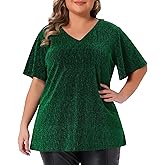Agnes Orinda Plus Size Metallic Tops for Women V Neck Short Sleeve T-Shirt Party Top Glitter Blouses