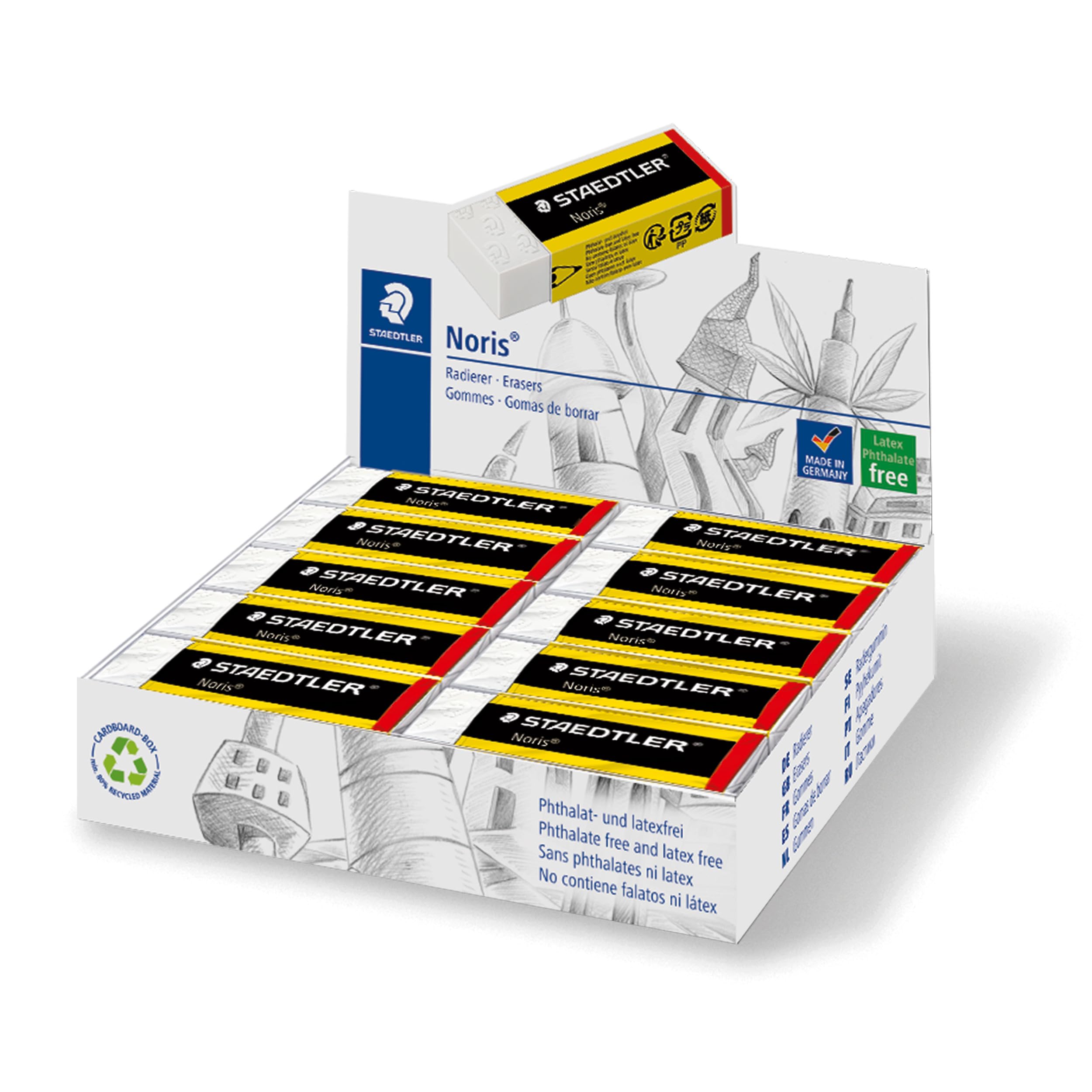 STAEDTLER 526 N20 Noris Eraser, Latex & Phthalate-Free - Medium Size 65x23x13mm (Pack of 20)