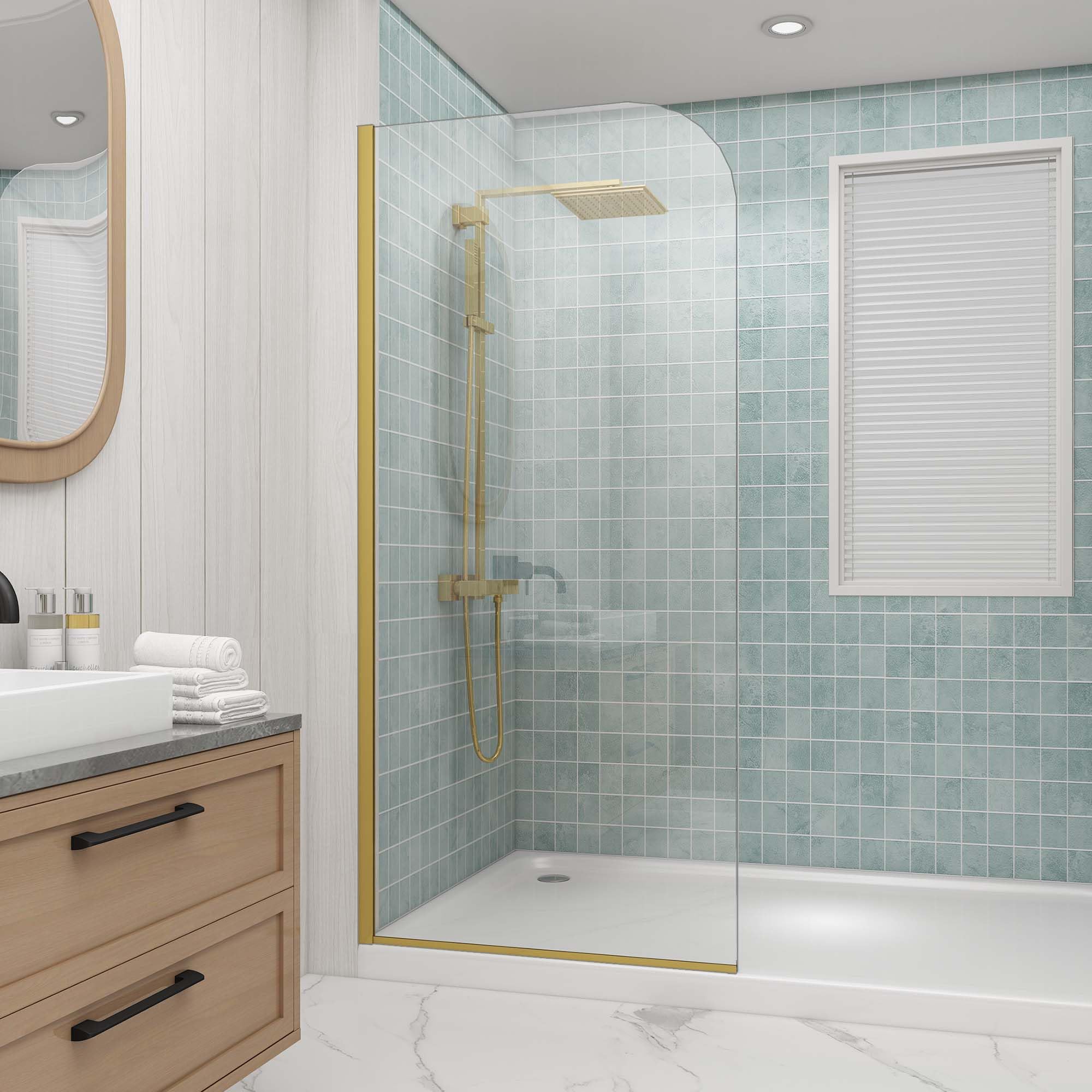 Photo 1 of **DAMAGED PACKAGING***Sunrosa 36"×76" Shower Glass Panel,8mm Thick Shower Screen,Brushed Gold Semi-Frameless Bathroom Shower Door, Easy to Clean, Curved Angle Glass Panel