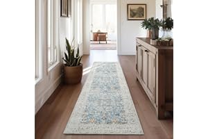 jinchan Hallway Runner Rug 2x7 - Vintage Rug Kitchen Washable Runner Rug Floral Boho Floor Cover Non Slip Thin Rug Retro Distressed Carpet for Bathroom Laundry Room Bedroom Stairway Light Blue