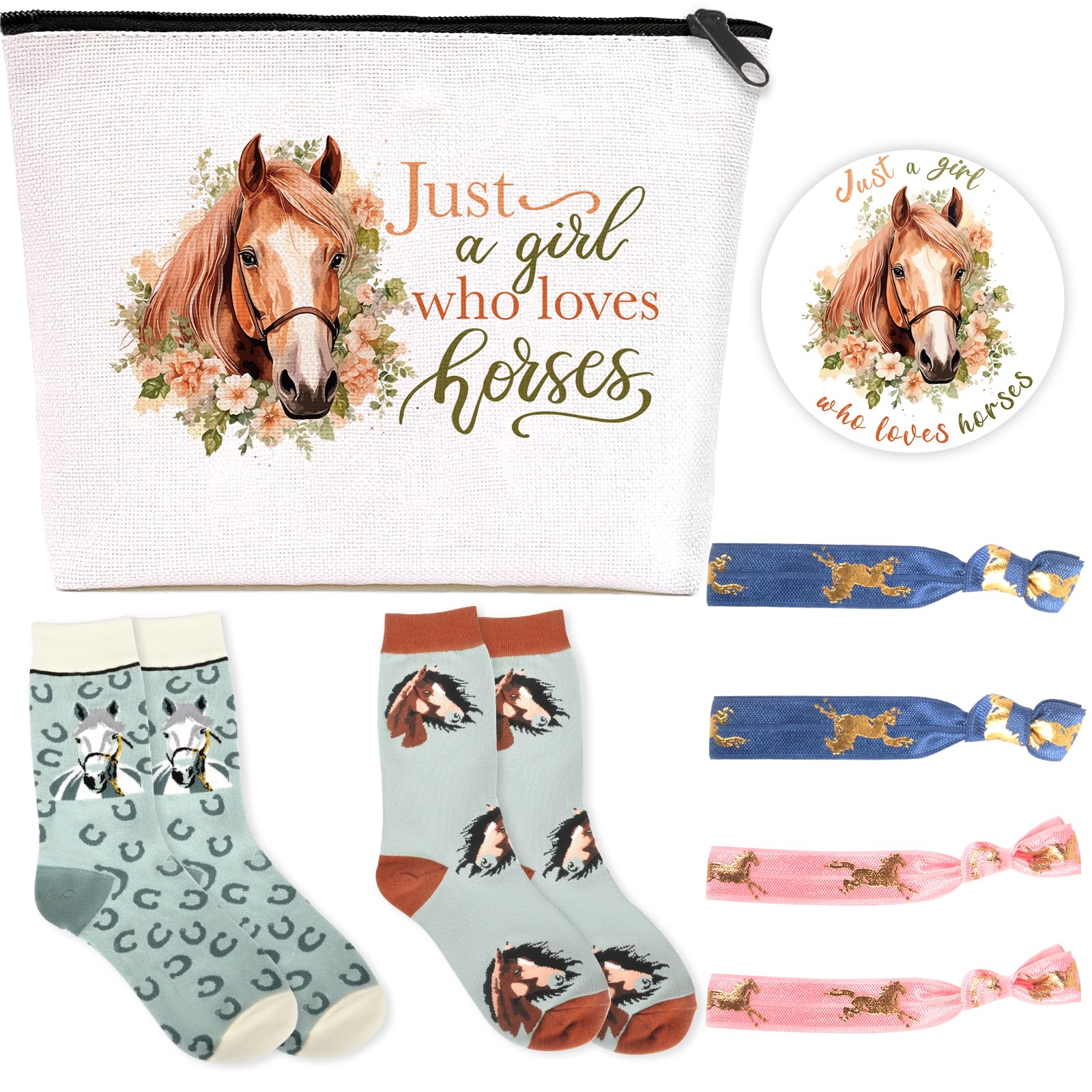 Horse Gifts for Girls Travel Cosmetic Bag Zipper Pouch Horse Animal Socks for Women Teens Daughter Sister Girlfriends Elastic Hair Bands Including Scrunchy Compact Makeup Mirror Horse Lover Gifts