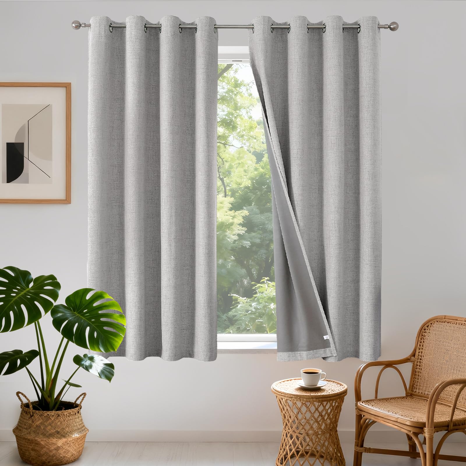 Joydeco 100% Blackout Lined Curtains W46 x L54 Inch Drop, Linen Look Textured Thermal Insulated Eyelet Short Curtains with Coating Back Layer for Living Room Bedroom, Greyish White - 2 Panels