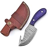 FAIQENTERPRICE Small Gut Hook Damascus Steel Blade Skinning Hunting Knife With Leather Sheath Belt Loop - Fixed Blade Damascus Knives for Men - Best Deer Hunting Skinner Knife