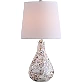 JONATHAN Y 20.5" Seashell Coastal Mini LED Table Lamp for Living Room Office, White Linen Drum Shade, Modern Mother of Pearl 
