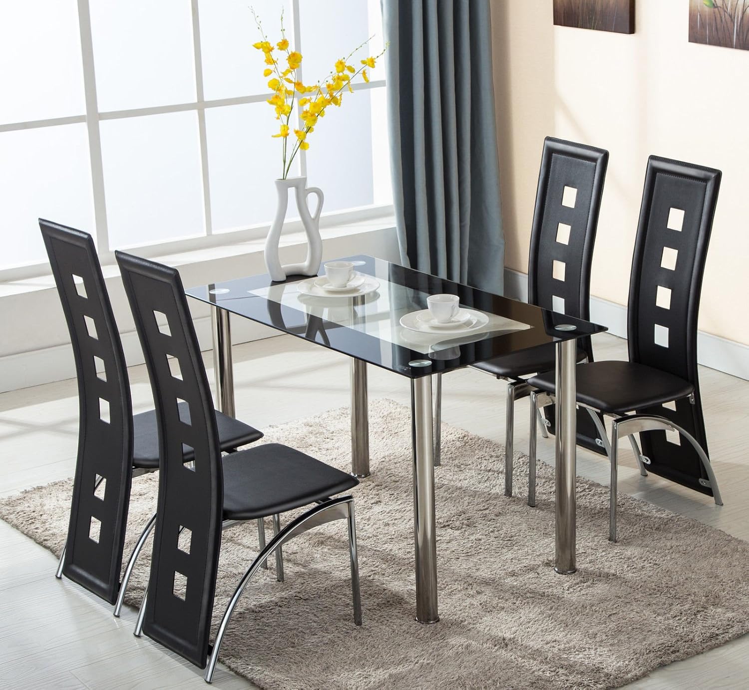 Amazoncom KingMountain 5 Piece Glass Dining Table Set 4 Leather