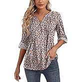 Bashafo 3/4 Sleeve Tops for Women V Neck Henley Long Sleeve Dressy Casual Shirts Ladies Loose Button-up Blouses Tunic