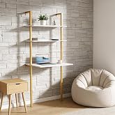 LIAUHO Wall Desk, Ladder Desk, Wall Mounted Computer Writing Table, 3-Tier Industrial Laptop Desks with Power Strip, Storage Shelf Cabinet for Home, Office, Student Dormitories (Gold, White)