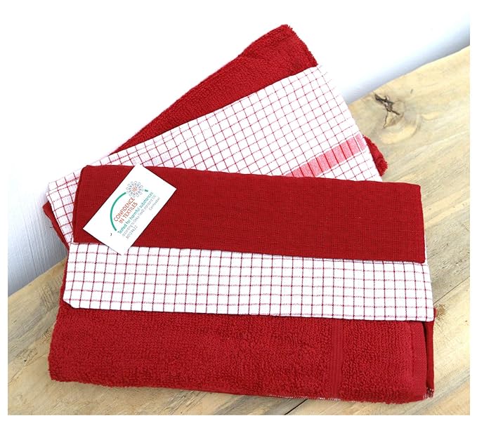 heimtexland ® 5 Stück Küchenhandtücher 100% BW Geschirrtücher 50x70 Karo Frottee Trockentücher 5er Set rot Typ621