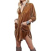 R.Vivimos Womens Velvet Long Sleeve Pocket Casual Mini Shirt Dress