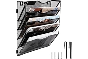 COSYAWN 5 Pocket Wall File Holder Mesh Hanging File Folder Organizer, Detachable Door/Wall Mounted Paper Document Magazine Rack with Label Panel for Home Office, Black