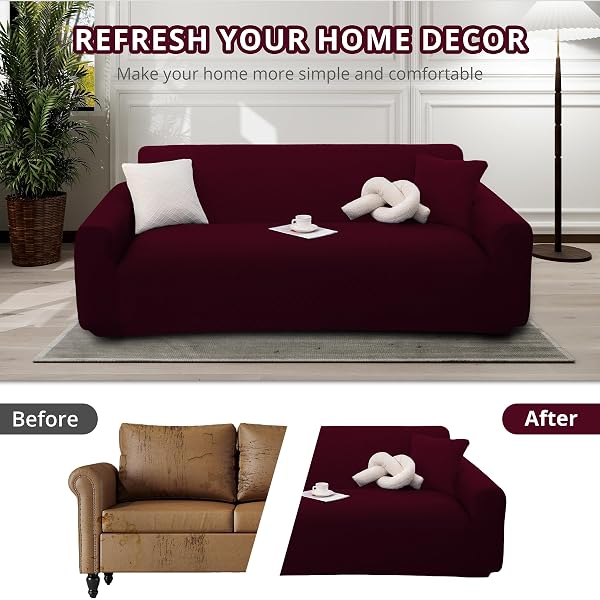 OBLU LIFE STRETCH COUCH COVER FOR 2 CUSHION LOVESEAT SOFA, FITS 57 X 72 INCH, JACQUARD WAFFLE FABRIC SLIPCOVER, WASHABLE PET FRIENDLY FURNITURE PROTECTOR WITH ELASTIC BOTTOM, WINE RED, 2 SEATS
