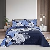 DJY 3 Pieces Quilt Set California King Navy Blue Floral Pattern Quilt Coverlet Set Gorgeous Boho Bedspread with 2 Pillow Cases Cozy Botanical Bedding Quilt Set for Teens Adults 106"x 96"