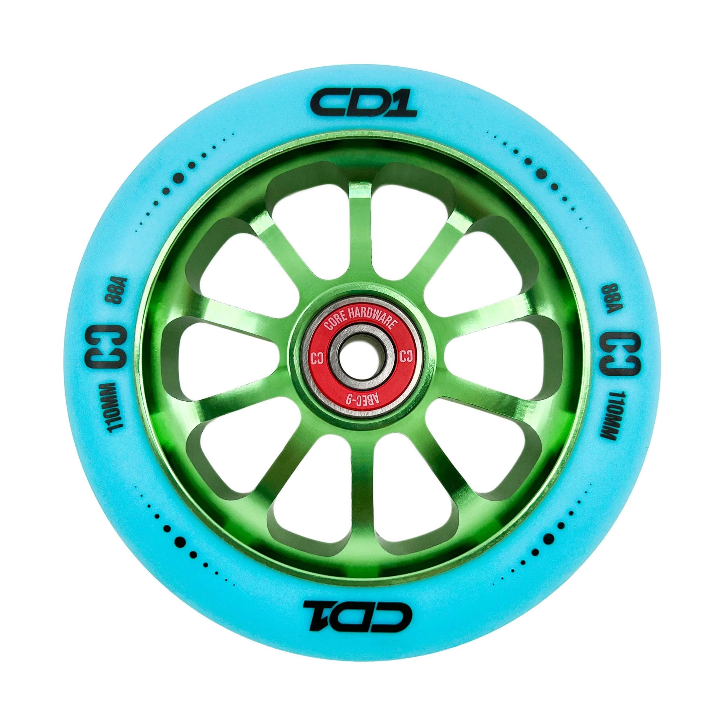 CORE CD1 Spoked Stunt Scooter Wheel 110mm ABEC 9 Bearings (Replacement Pro Scooter Wheels) - Blue/Lime