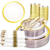 Liacere 350PCS Clear Gold Plastic Plates for 50 Guests Dinnerware Include 100 disposable Plates 150 Gold Silverware 50Napkins for Party & Wedding & New Year & Christmas