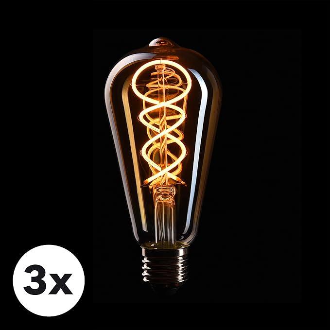 CROWN LED 3 x Edison Glühbirne E27 Fassung, Dimmbar, 4W, 2200K, Warmweiß, 230V, EL17, Antike Filament Beleuchtung im Retro Vi