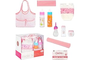 fash n kolor Diaper Bag Doll Accessories Set with Feeding Bottles, Baby Diaper, Tissues, and Cloth Blanket. Complete Diaper Bag kit with 9 Accessories. Comes Packed in a Mommy Bag