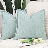 MADIZZ Chenille Velvet Throw Pillow Covers with Flange Set of 2 Super Soft Boho Textured Pillow Covers Decorative Throw Pillowcases Modern Farmhouse Home Decor for Sofa Bedroom Aqua Green 18x18 Inch
