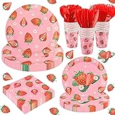 350 PCS Strawberry Party Decor Supplies, Disposable Pink Paper Plates Napkins Knives Forks Cups Dinnerware Set, Sweet Tableware Kit for Baby Shower Girl Birthday Party Christmas Decor, Serves 50