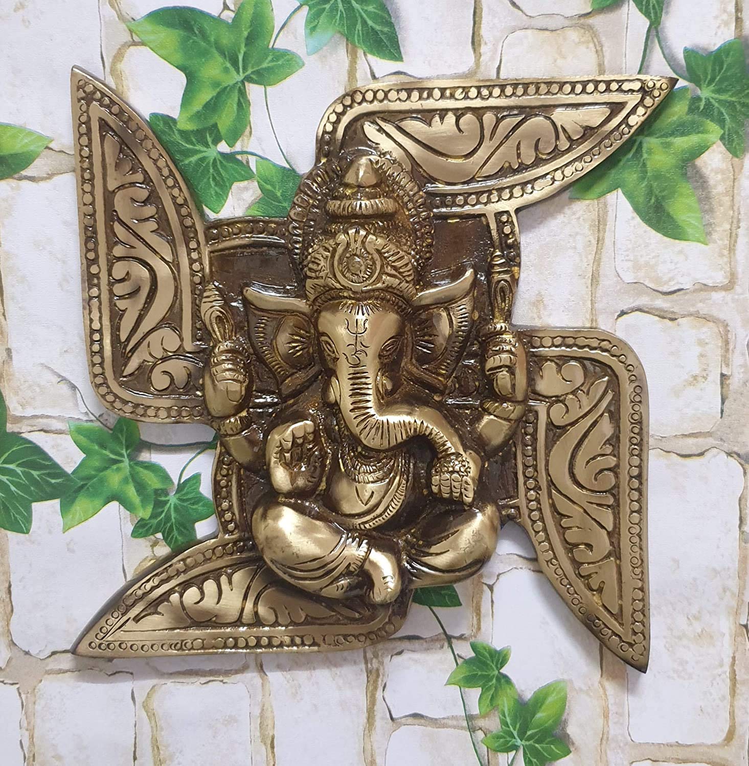 AHN Brass Ganesha Swastika Wall Hanging (7 x 7 Inches, Antique Black