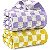 Jacquotha Checkered Bath Towel Set in Yellow and Lilac, Soft Large Shower Towels Bathroom 2 Pack 55” x 27.5”, Thin Quick Drying for Beach Pool Swim