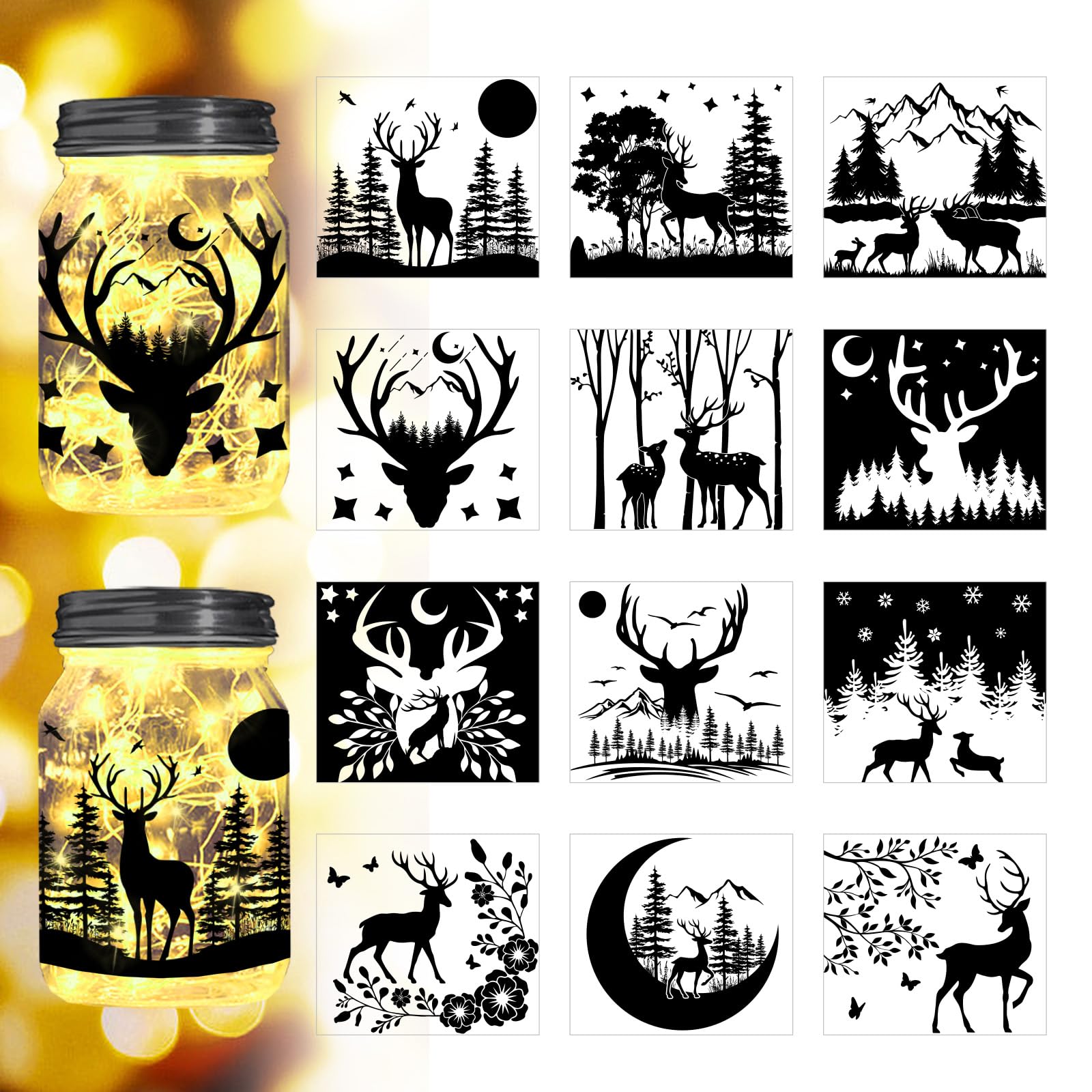 Peacoblue Wild Deer and Tree Silhouette Cutouts for Jars, Mason Can, Glass, Wishing Bottle Decor(No Stickers), 12Pcs Reusable Silhouette Lantern DIY Craft Kit Jar Decals Art Mural Garden Home Decor