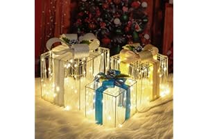 IHEQARD Set of 3 Christmas Lighted Gift Boxes Decorations, Light Up 140 LED Presents Boxes for Xmas Tree Home Yard Lawn Indoor Outdoor Decor (Sliver Yellow Blue)