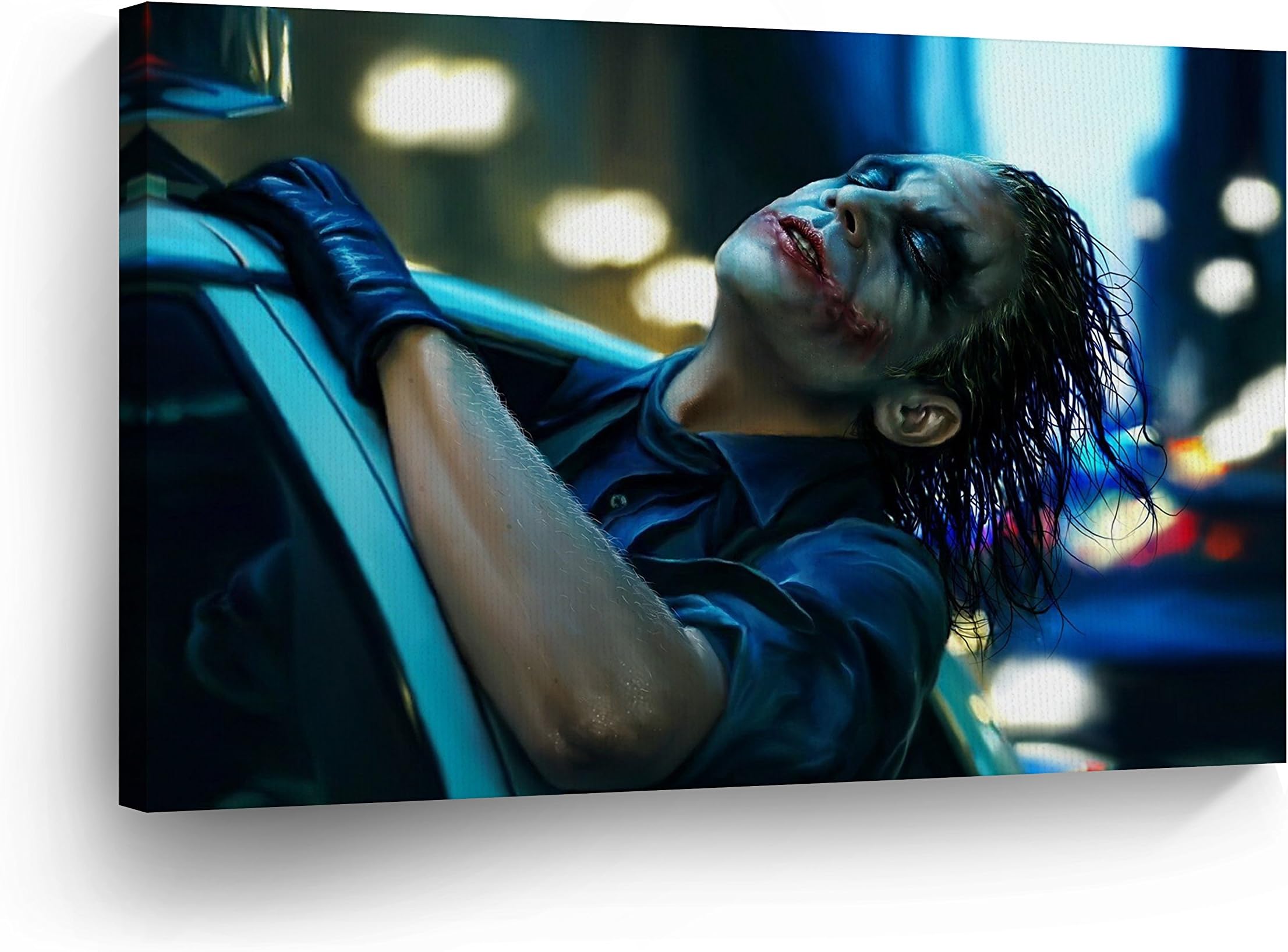 Joker Heath Ledger The Dark Knight in Police Car Canvas Print Wall Art Realistic Digital Painting Home Decor Poster Artwork Framed and Stretched- Ready to Hang -%100 Handmade in The USA - 15x22