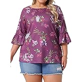 Agnes Orinda Plus Size Blouses for Women 3/4 Ruffle Sleeve Boat Neck Casual Summer Floral Tops 2025