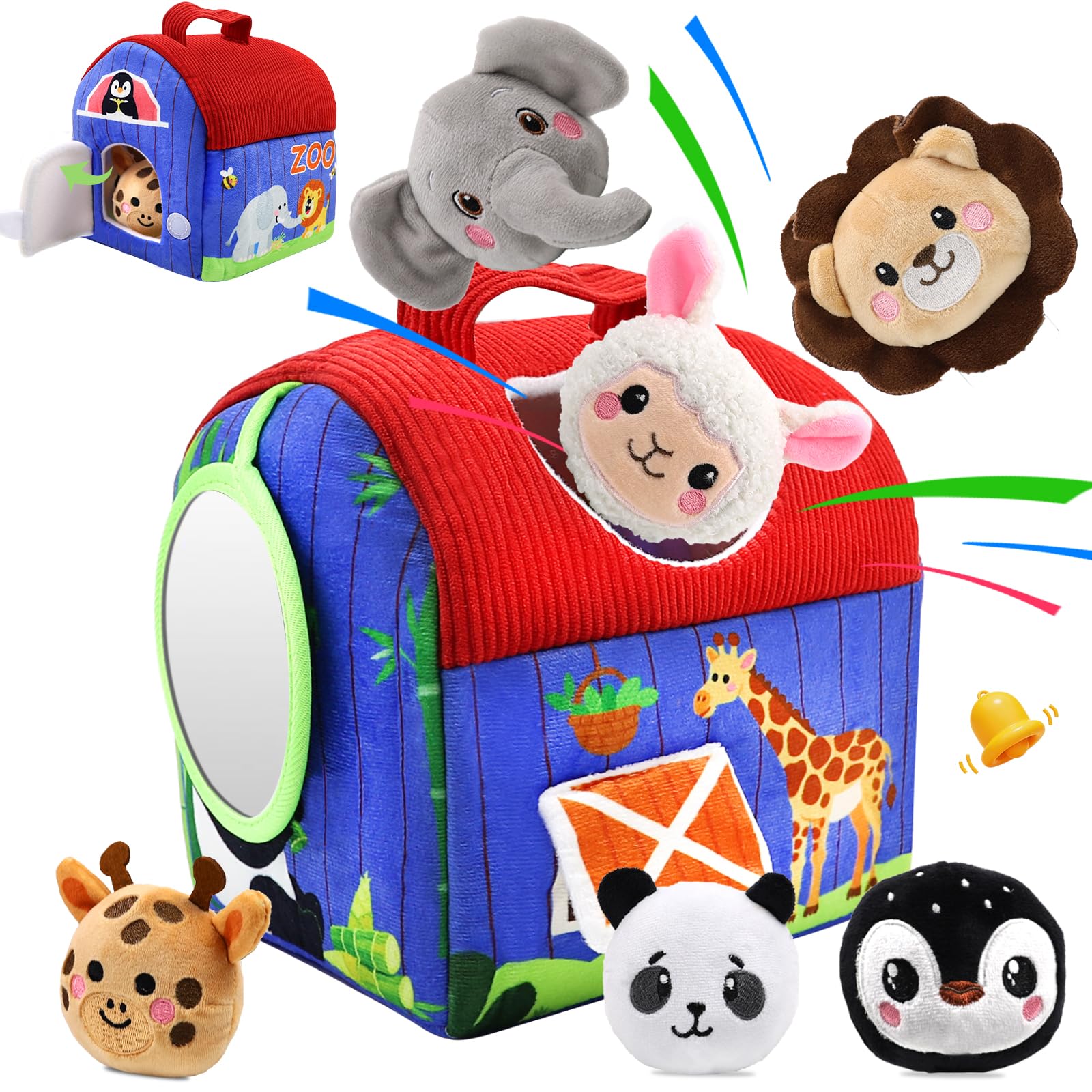 Baby Toys 6-12 Months - Soft Barn with Stuffed Zoo Animals with Real Sounds, Mirror - Montessori Toys for Babies 6-12 Months Sensory Infant Toys for Toddlers 1 2 3 Year Old Boys Girls Birthday Gifts