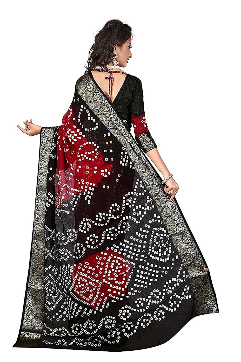 fabdiamond women cotton saree with blouse piece (black red_free size)