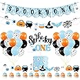 Blue Halloween First Birthday Decorations - Spooky One Banner, Ghost Cake Topper & Balloons For Baby Boy