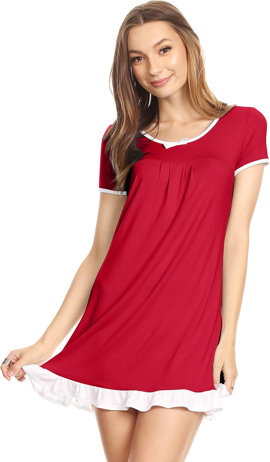 Simlu Red Night Shirt for Women Short Sleeve Sexy Red Sleepwear Shirts