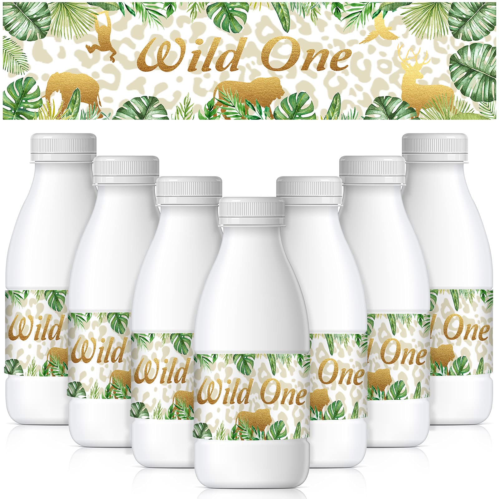 Photo 1 of 48 Pieces Wild One Water Bottle Sticker Greenery Jungle Animals Favor Stickers Jungle Themed Water Bottle Labels for Wild One Themed Birthday Party Decorations (8.27 x 1.97 inch)