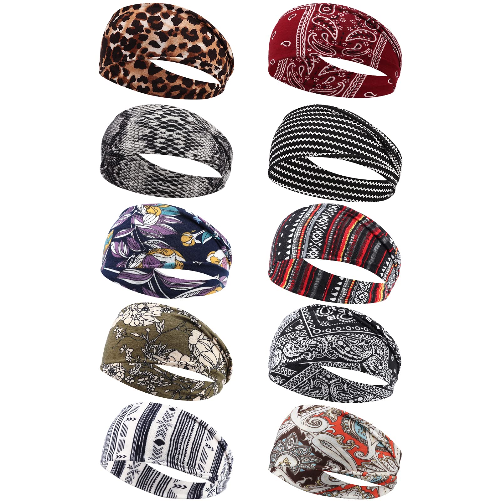 DRESHOW 10 Pack Boho Headbands for Women Vintage Flower Printed Criss Cross Knotted Elastic Hair Band Stretchy Head Wrap Twisted Cute Hair Accessories