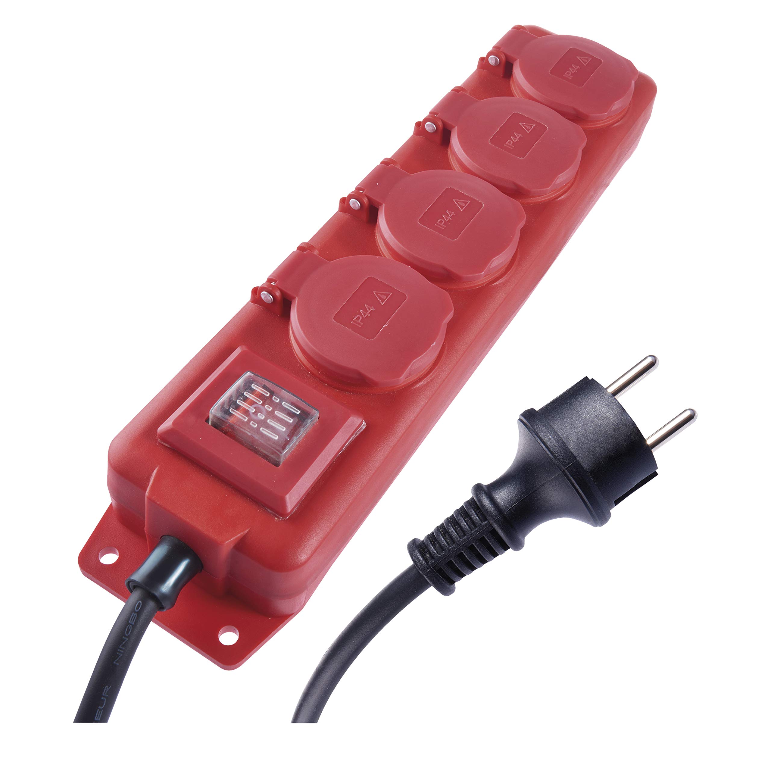 EMOS 4-Way Power Strip with Schuko Sockets, Child Protection, IP44 Waterproof, 5m Cable, Black/Red, 1.5mm, Outdoor Use