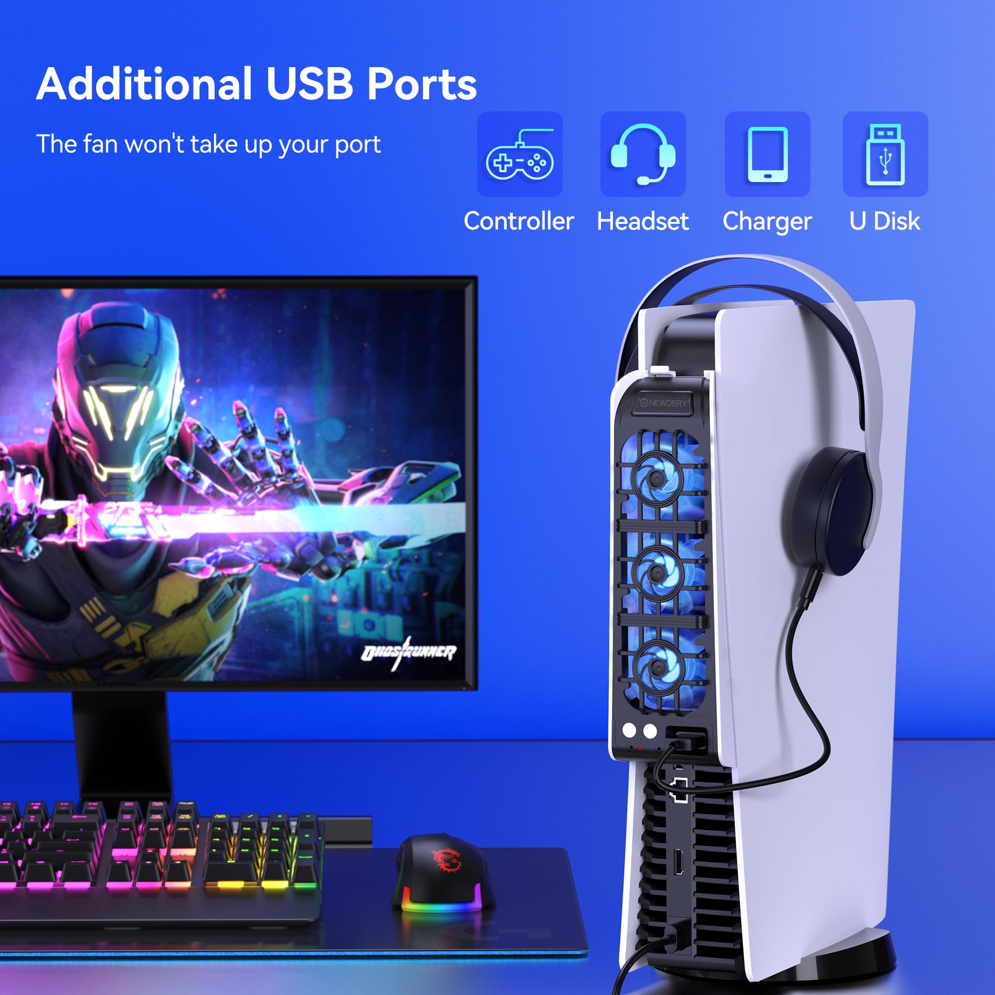 NEWDERY Lüfter für PS5-Zubehör, Verbesserter Leiser Lüfter, Automatische Temperaturangepasste Drehzahl, Dynamische RGB-Beleuchtung, Passend für PlayStation 5, Nicht für PS5 Slim/Pro 6